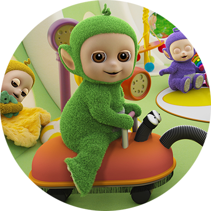 A cute green character with a round, beige face is sitting on an orange object as if it were riding a horse.