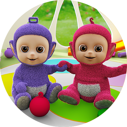A purple character and a red character, sitting on the floor next to each other holding hands.